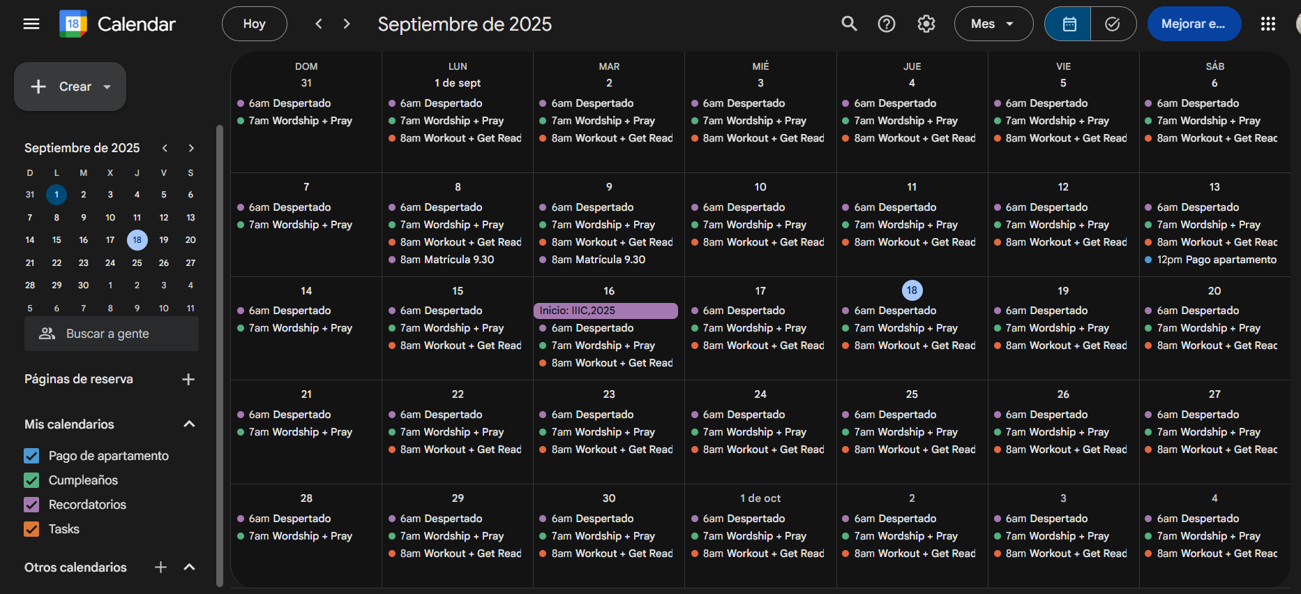 Calendario personal organizado por NeoCore Digital Solutions. Ejemplo de gestión de tiempo y eficiencia.